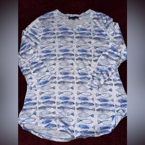 Carine women’s lightweight top fish shirt top M medium blue white all over print